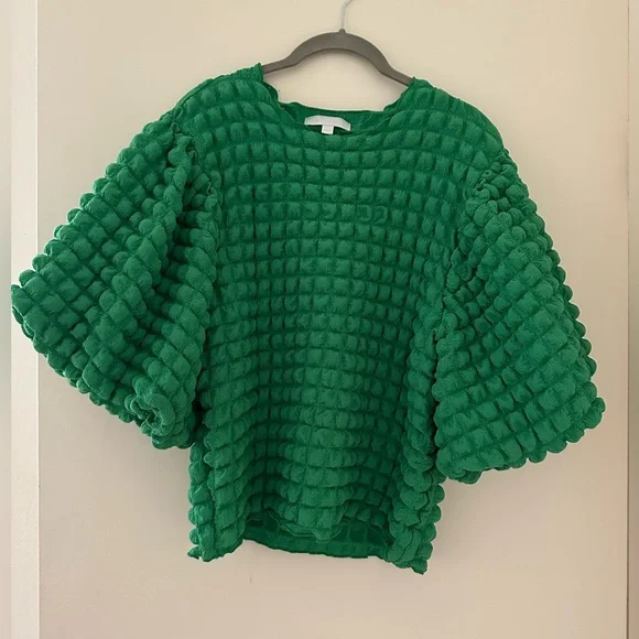 Anthropologie Eri + Ali Green Textured Puff-Sleeve Top XL - Picture 6 of 8